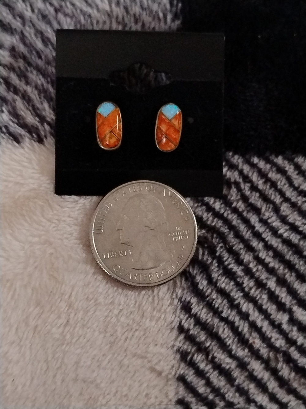 Orange and Turquoise Inlaid Stone Stud Earrings - Picture 3 of 6